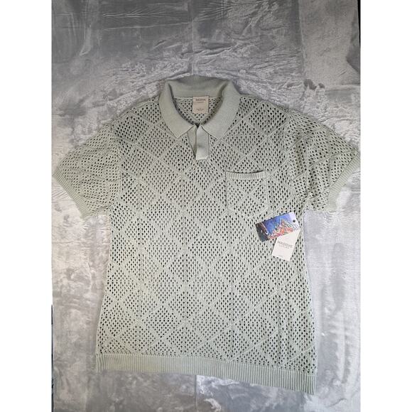 Massive Luxury Mens Large Sage Green Knit Polo Short Sleeve Pocket NYC - Picture 2 of 9